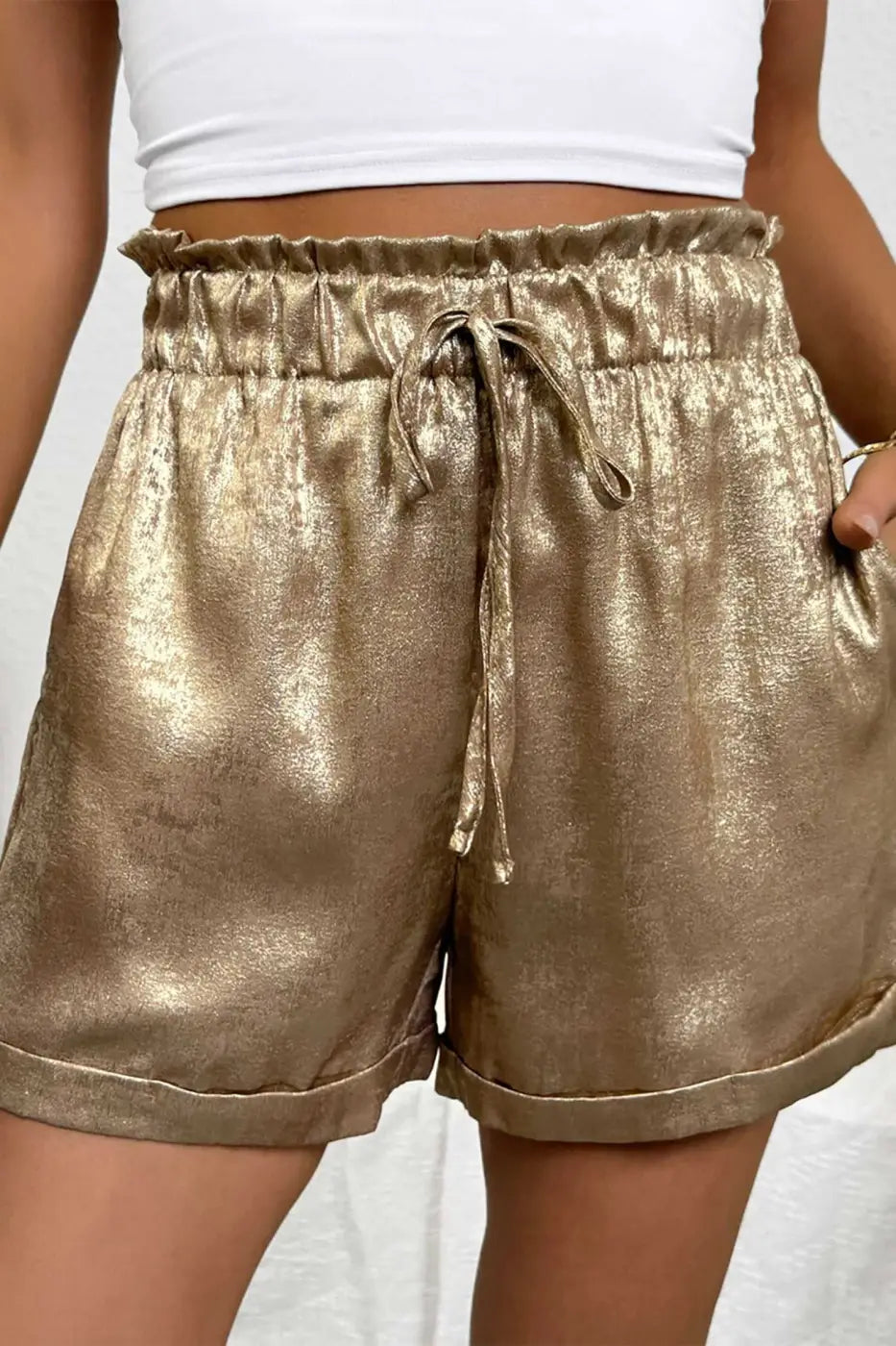 Gold Metallic Shorts Women | High Waist Drawstring Casual
