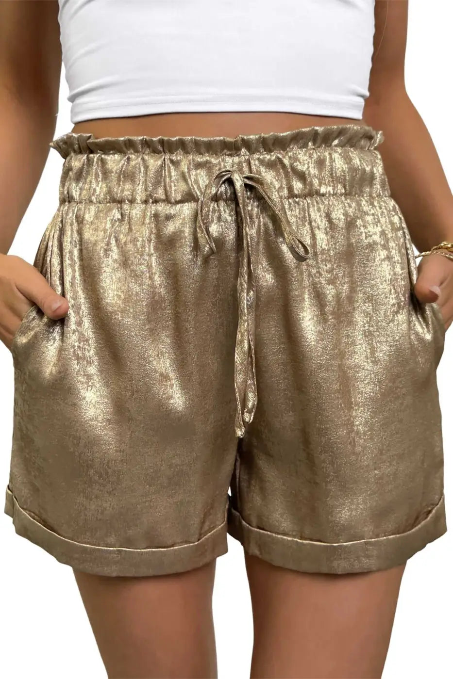Gold Metallic Shorts Women | High Waist Drawstring Casual