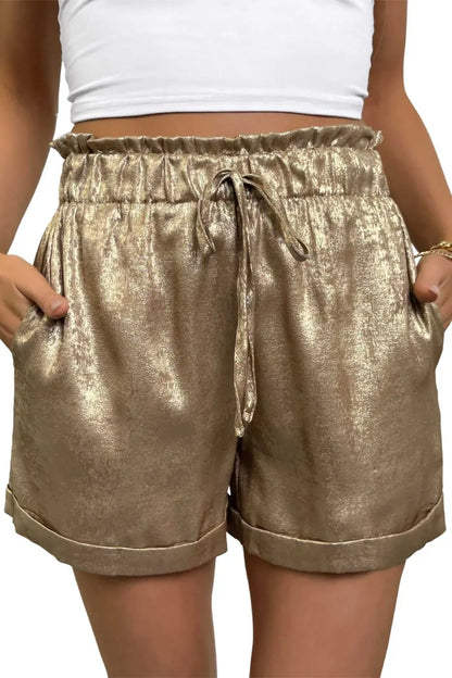 Gold Metallic Shorts Women | High Waist Drawstring Casual