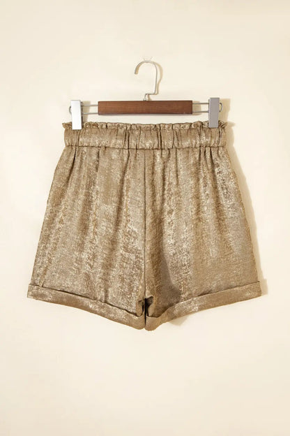 Gold Metallic Shorts Women | High Waist Drawstring Casual