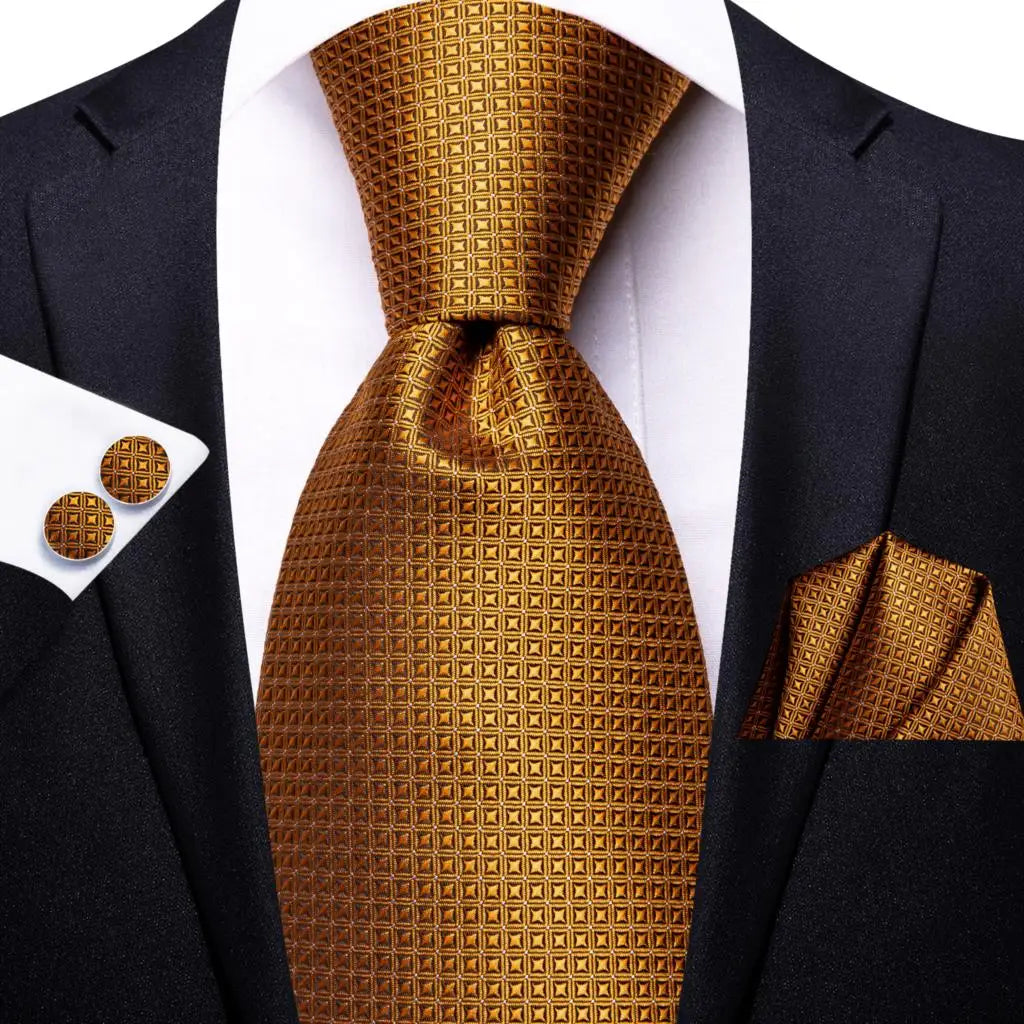 Gold Geometric Silk Tie - With Matching Cufflinks & Pocket Square