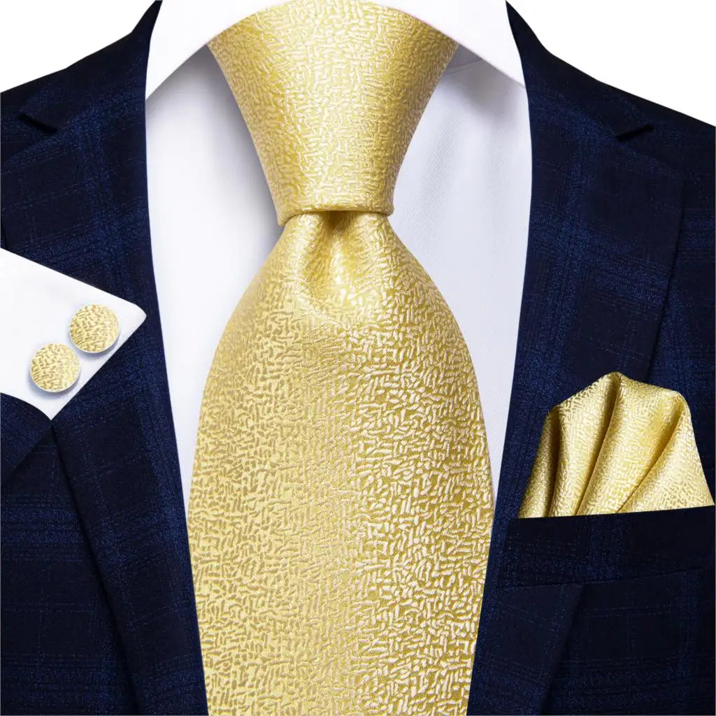 Gold Textured Silk Tie - With Matching Cufflinks & Pocket Square