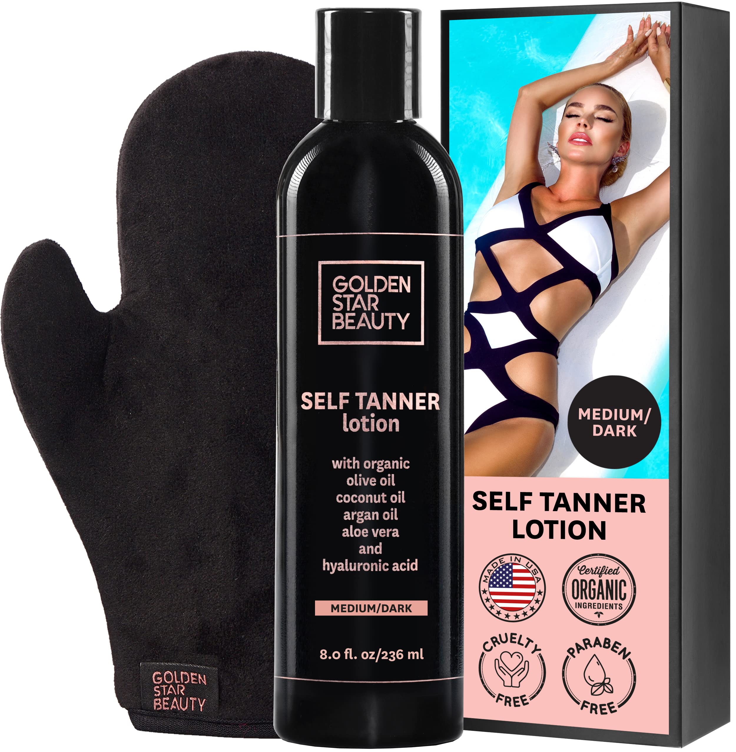 GOLDEN STAR BEAUTY Organic Self Tanning Lotion – Natural Bronze Tan for Face & Body