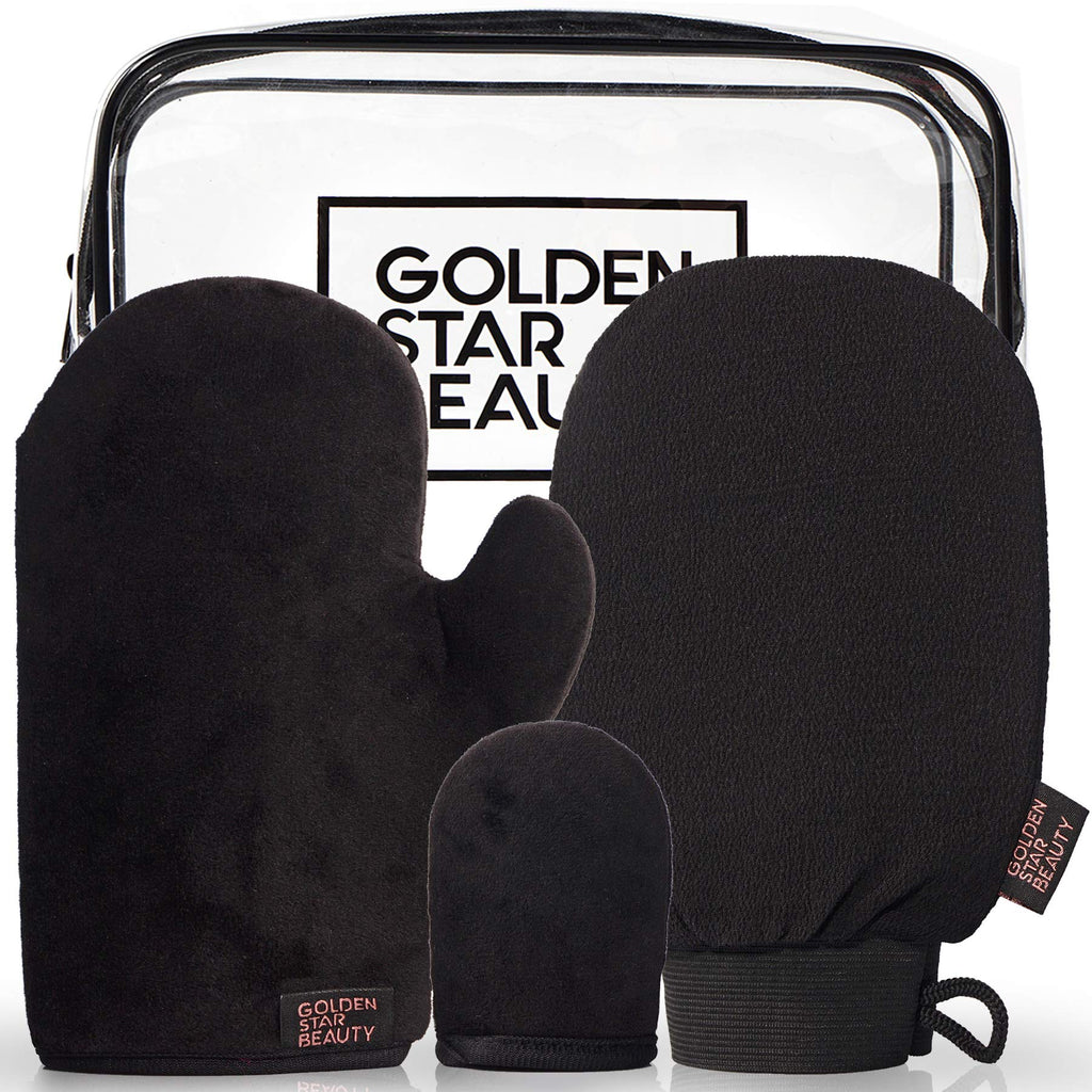 GOLDEN STAR BEAUTY Tanning Mitt Kit – Double-Sided Self Tanner Mitts for Body & Face with Exfoliation Mitt | Washable & Ultra-Soft