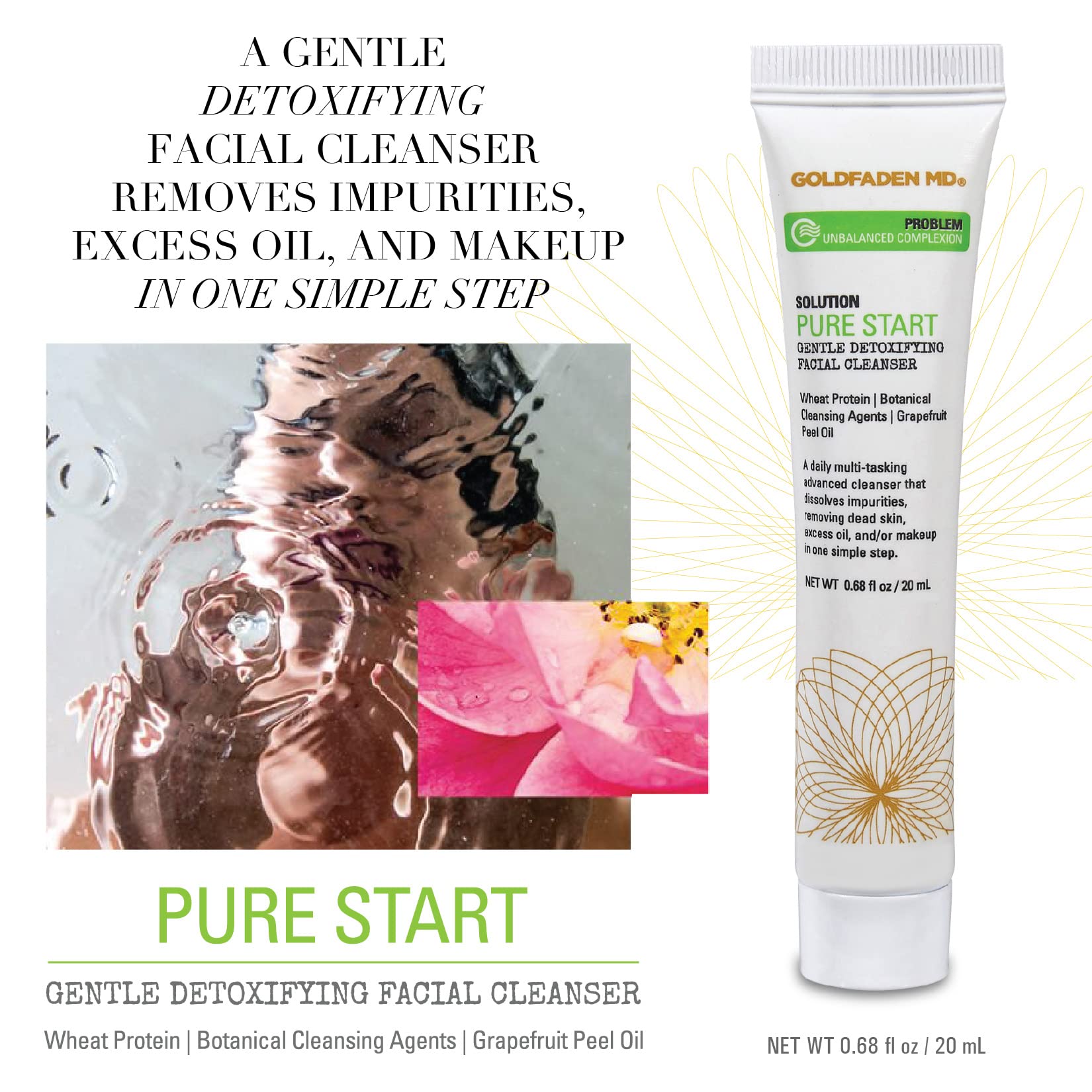 GOLDFADEN MD Pure Start Gentle Detoxifying Facial Cleanser — Grapefruit Peel Oil, Organic Red Tea Extract, Seaweed & Rose Hip Seed Oil (Trial 0.67 fl oz)