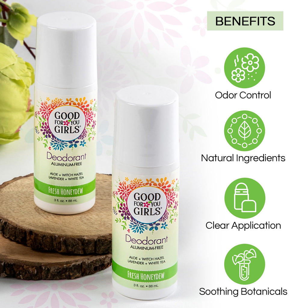 Good For You Girls Aluminum-Free Natural Deodorant for Kids & Teens – Fresh Honeydew, Clear Roll-On, Vegan, Made in USA | 3 oz (Pack of 2)