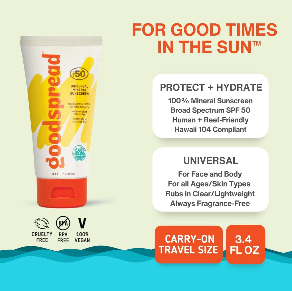 Goodspread Mineral Sunscreen SPF 50 (2-Pack) - Reef-Safe, Non-Nano Zinc Oxide, Water-Resistant, Hawaii Compliant