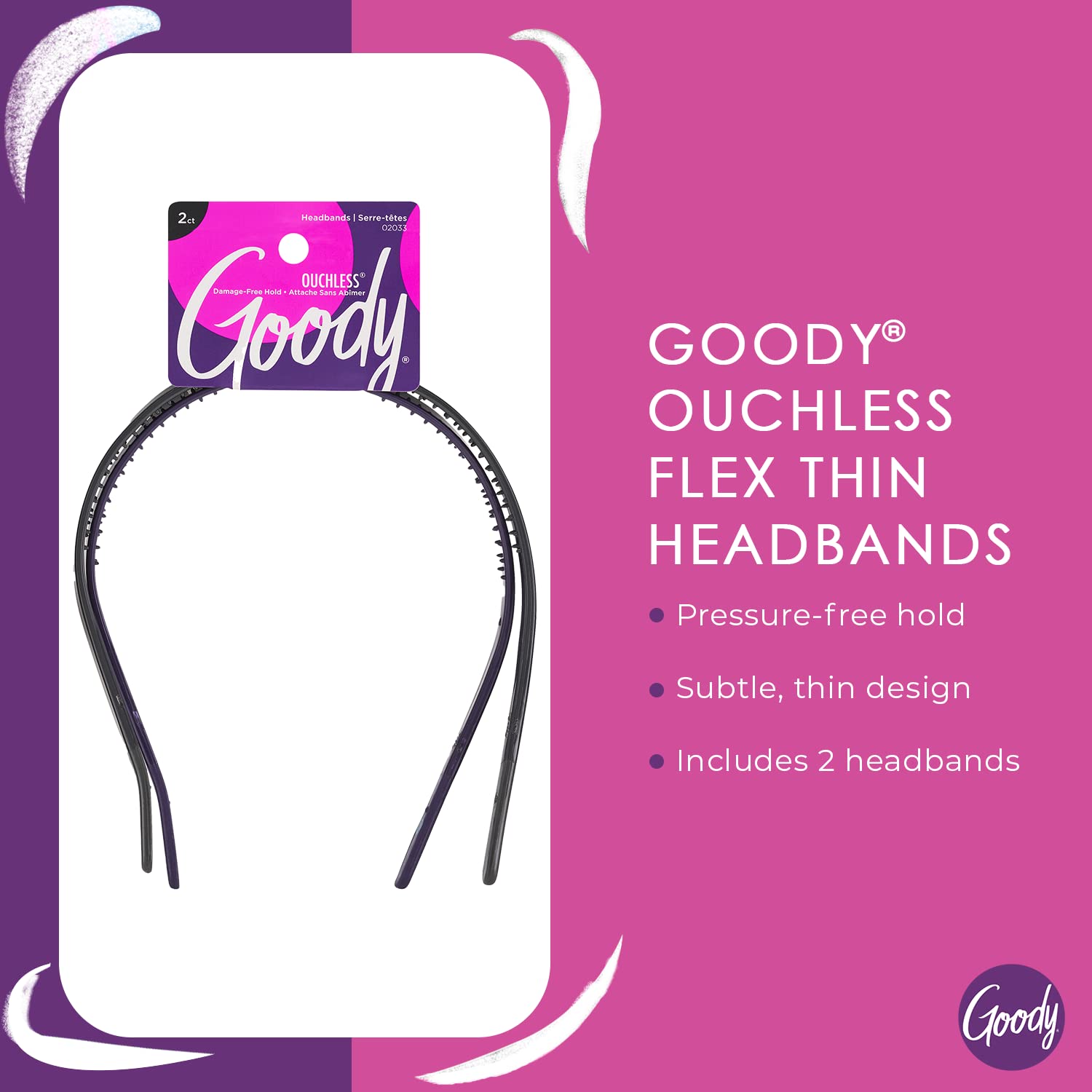 Goody Ouchless Flex Thin Headband – Pain-Free Comfort for All Hair Types, 2-Count Pack