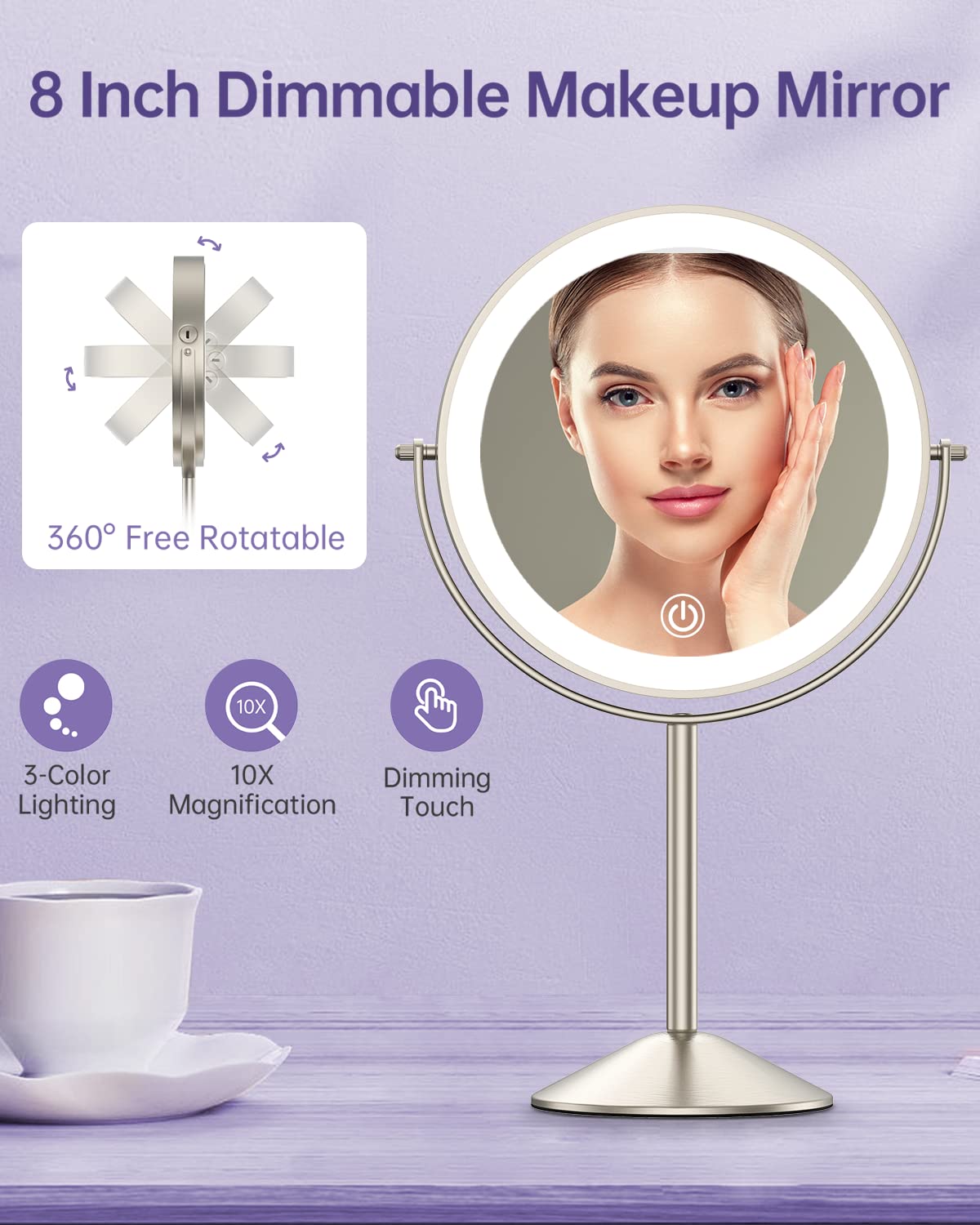 Gospire 8-Inch Lighted Makeup Mirror — 1x/10x Magnification, 3 Color Lights, 360° Rotation, Rechargeable
