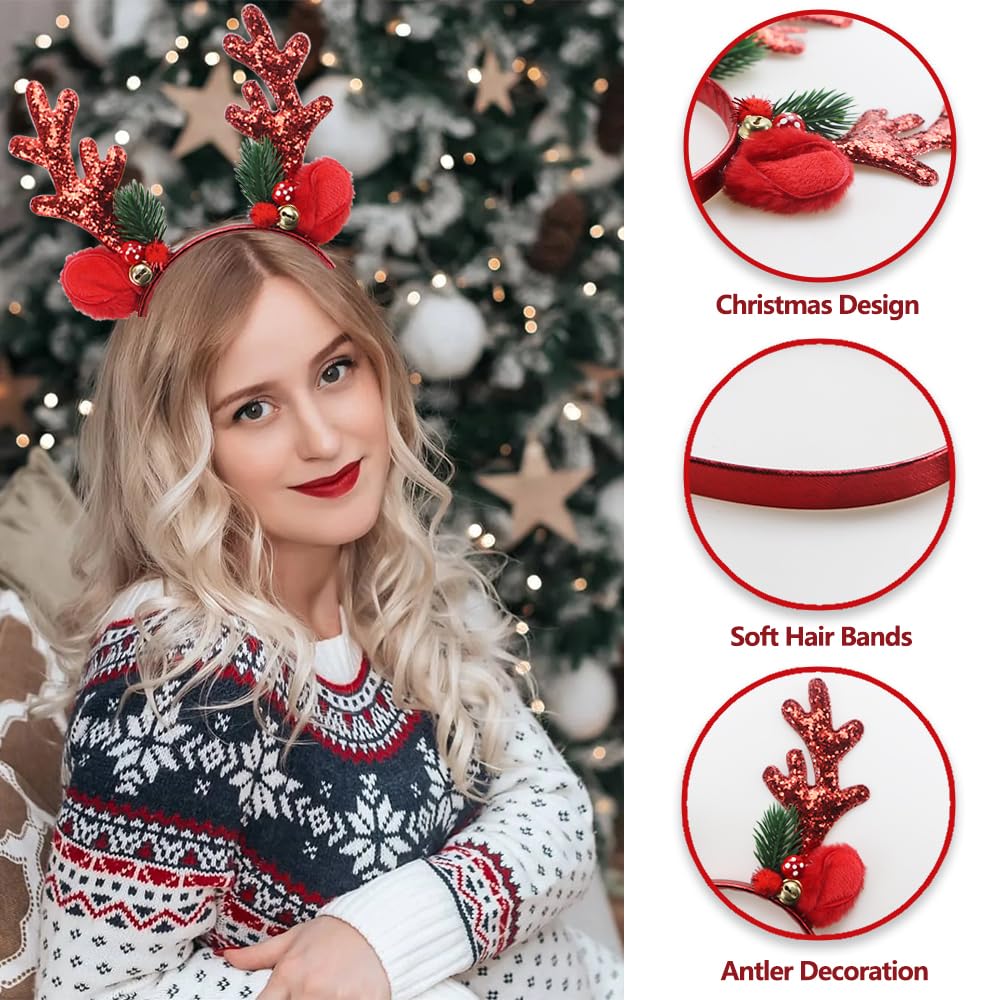 Gosuoa Christmas Headbands for Women – Red Reindeer Antlers