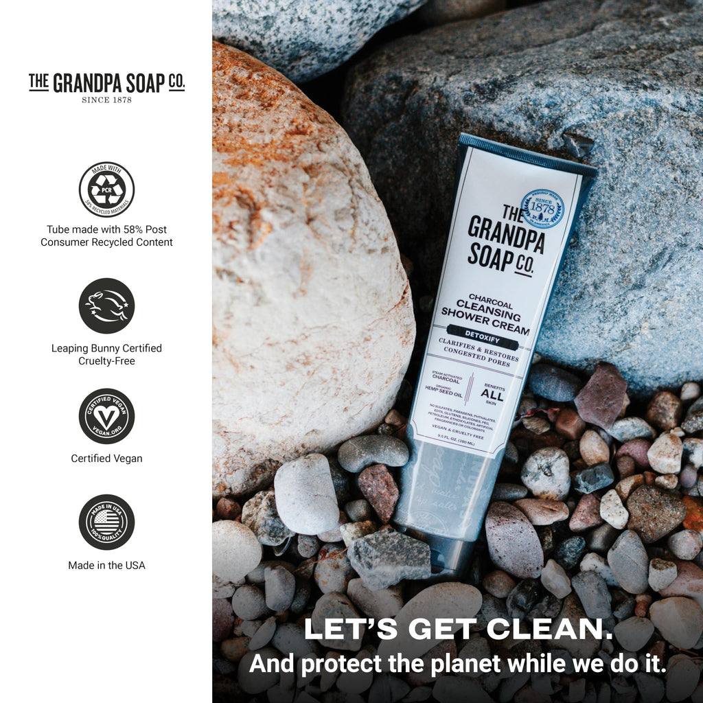 The Grandpa Soap Company Charcoal Shower Cream - Clarifies Pores with Activated Charcoal & Hemp Seed Oil | 9.5 Fl Oz, 2-Pack