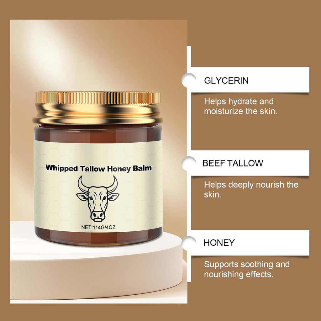 Organic Grass-Fed Whipped Tallow Balm with Raw Honey | Face & Body Skincare, Fast Absorption | 4.23 oz