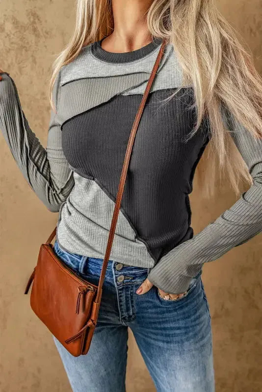 Exposed Seam Color Block Ribbed Knit Top Women UK
