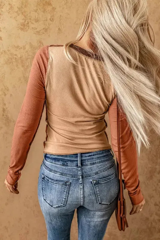Exposed Seam Color Block Ribbed Knit Top Women UK