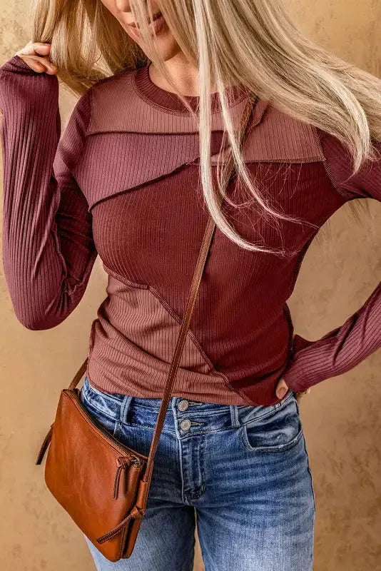 Exposed Seam Color Block Ribbed Knit Top Women UK