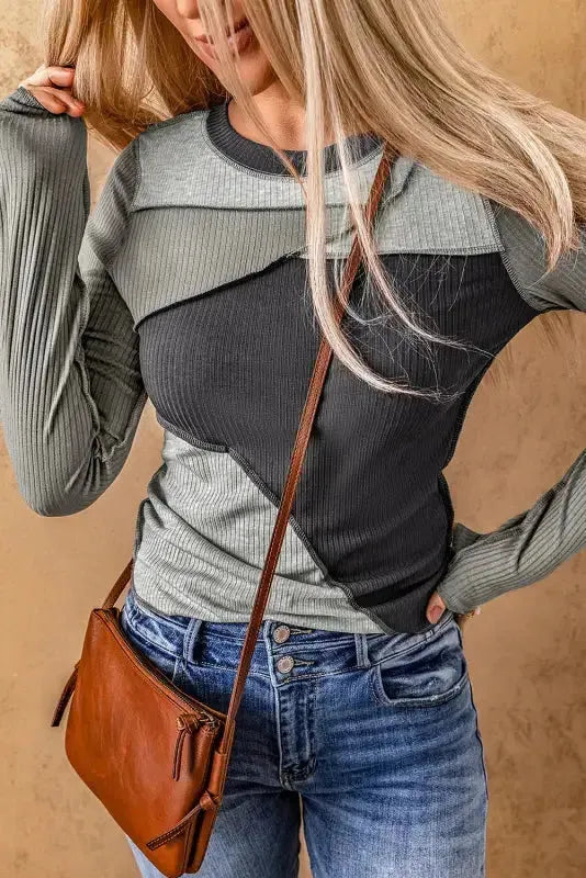 Exposed Seam Color Block Ribbed Knit Top Women UK