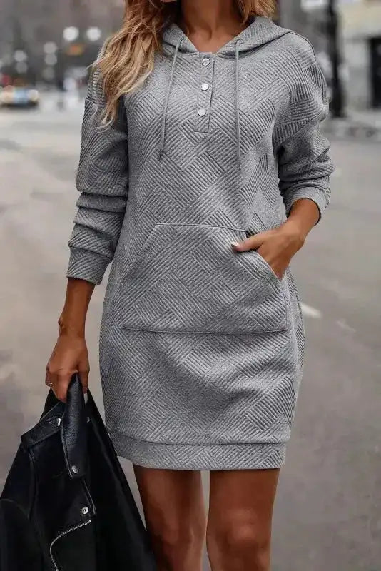 Gray Kangaroo Pocket Drawstring Hooded Mini Dress