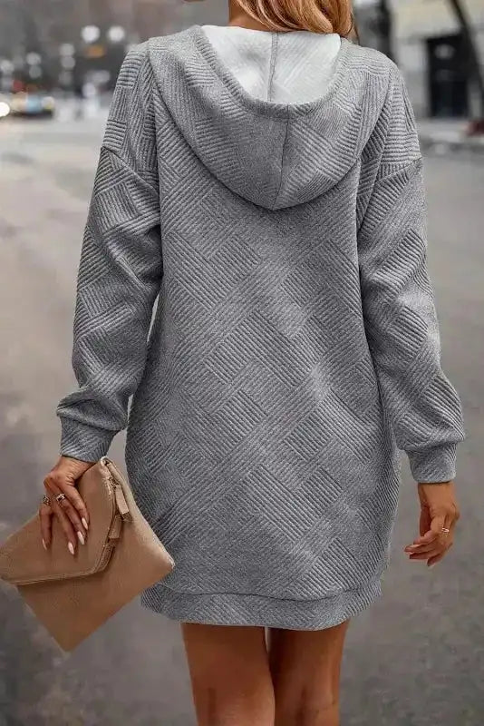 Gray Kangaroo Pocket Drawstring Hooded Mini Dress