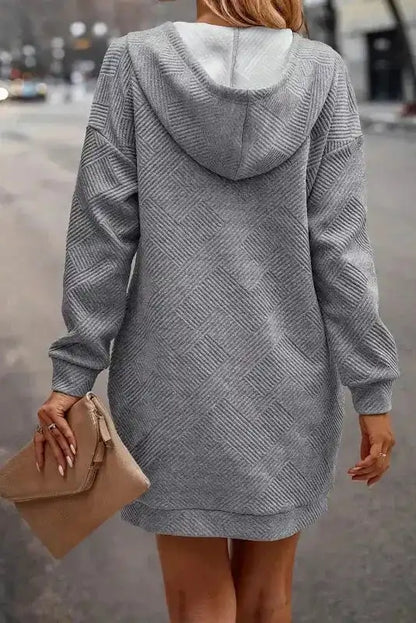 Gray Textured Kangaroo Pocket Drawstring Hooded Mini Dress