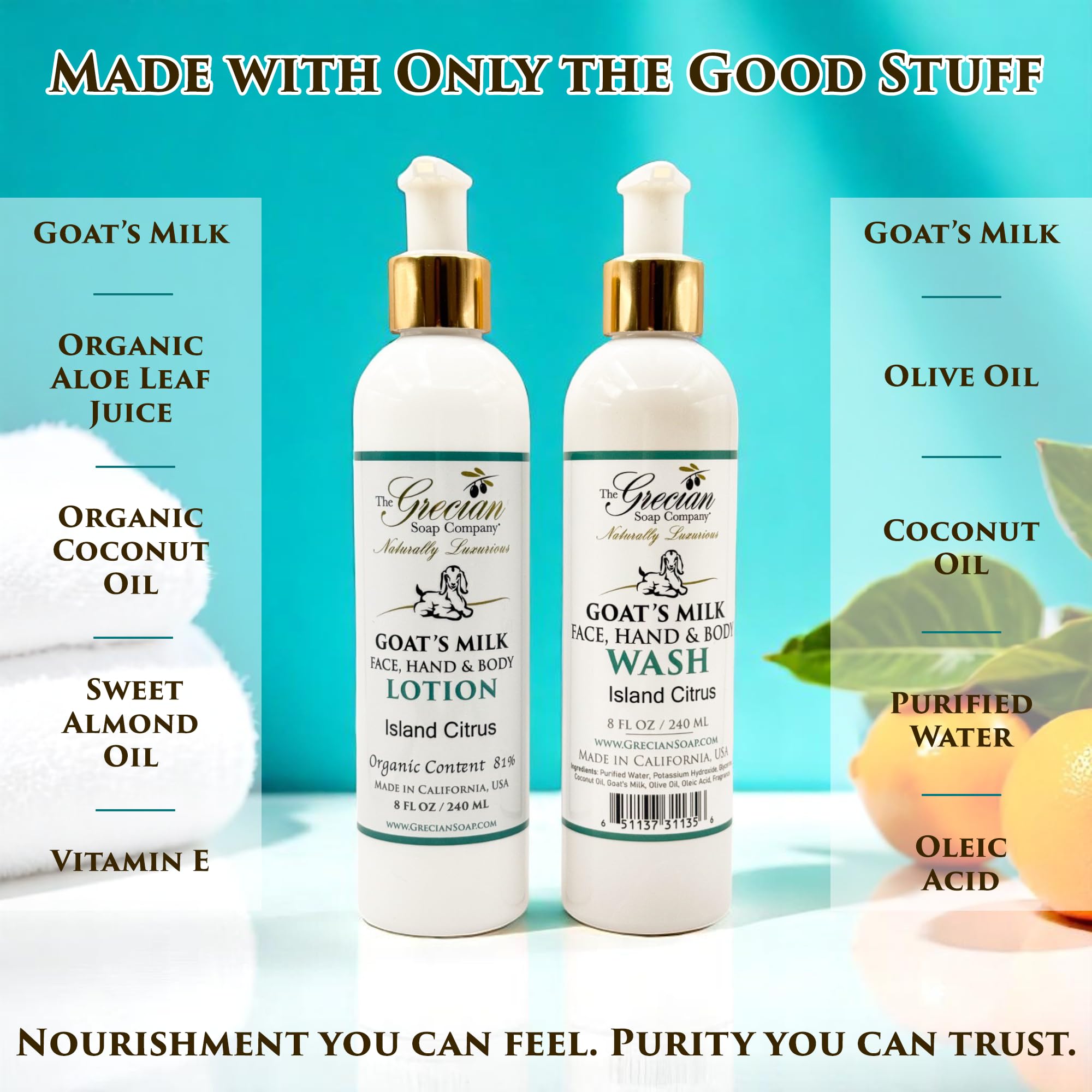 The Grecian Soap Company Goat Milk Lotion & Body Wash Set – Island Citrus Scent, 8oz Each