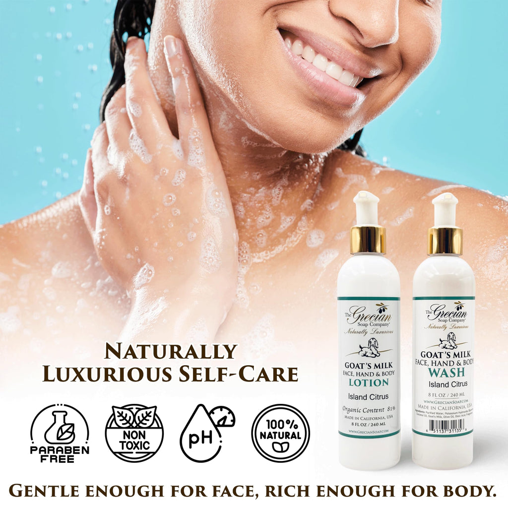 The Grecian Soap Company Goat Milk Lotion & Body Wash Set – Island Citrus Scent, 8oz Each