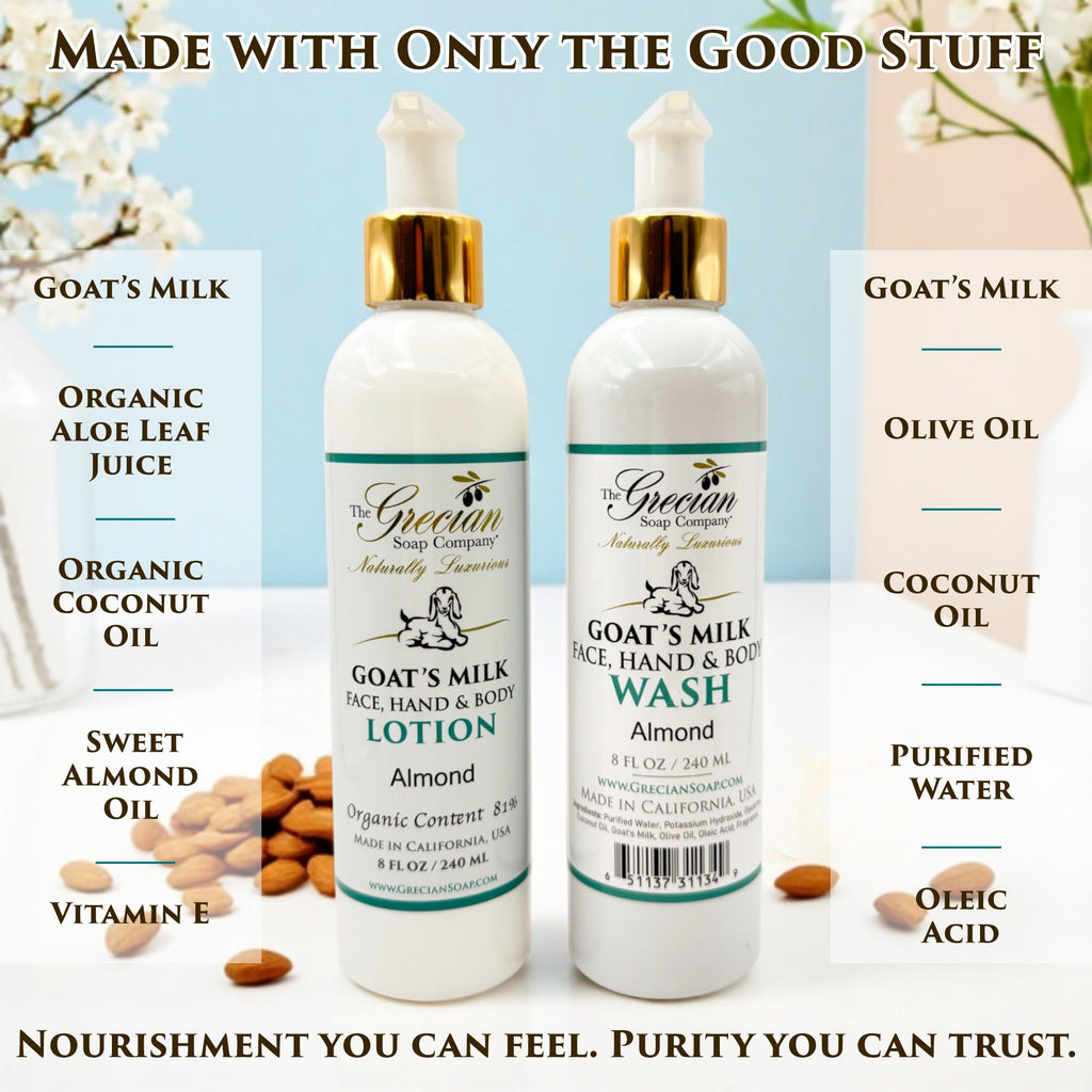 Goat Milk Lotion & Body Wash Set – Almond Scent, 8oz Each | The Grecian Soap Company