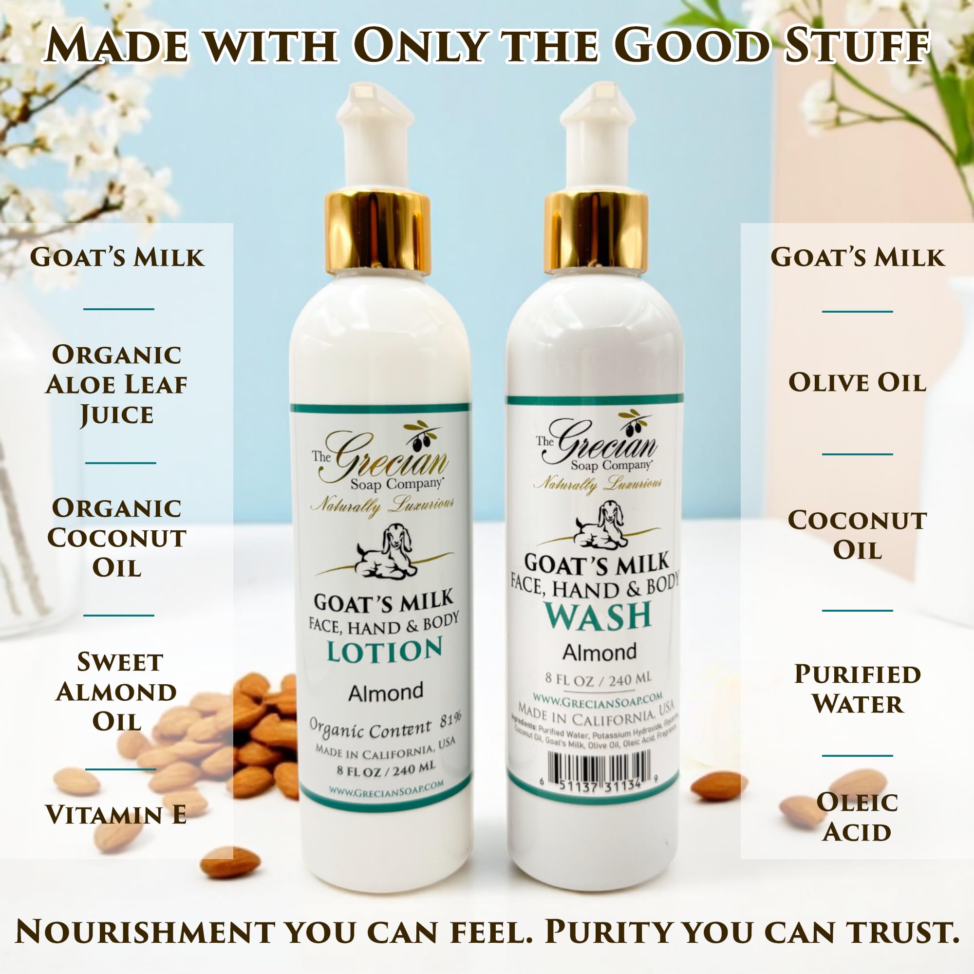 Goat Milk Lotion & Body Wash Set – Almond Scent, 8oz Each | The Grecian Soap Company