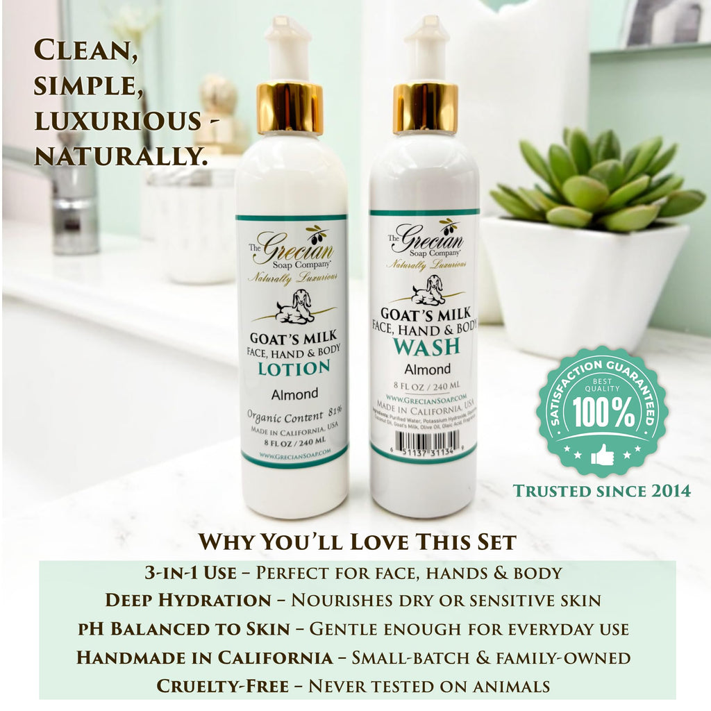 Goat Milk Lotion & Body Wash Set – Almond Scent, 8oz Each | The Grecian Soap Company