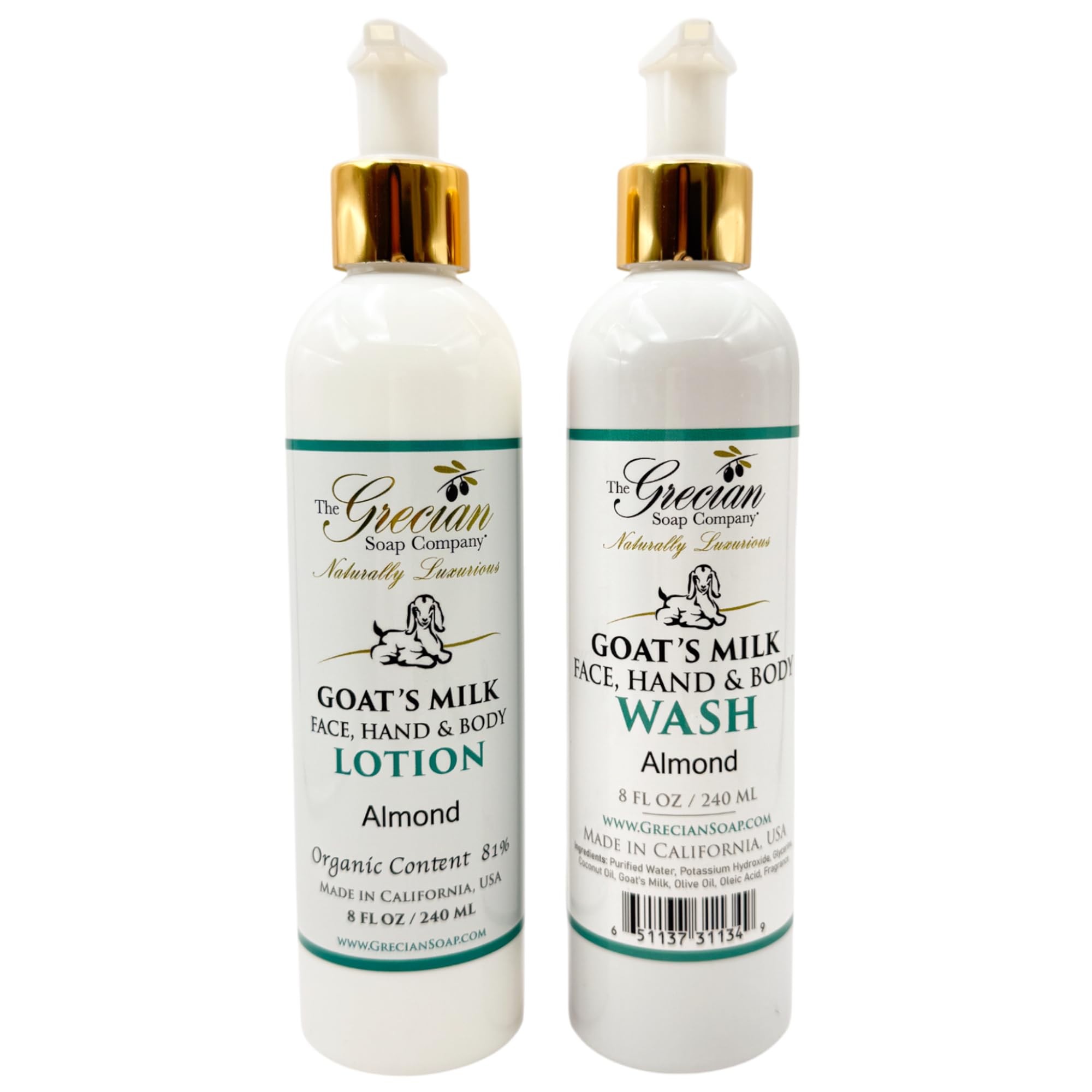Goat Milk Lotion & Body Wash Set – Almond Scent, 8oz Each | The Grecian Soap Company