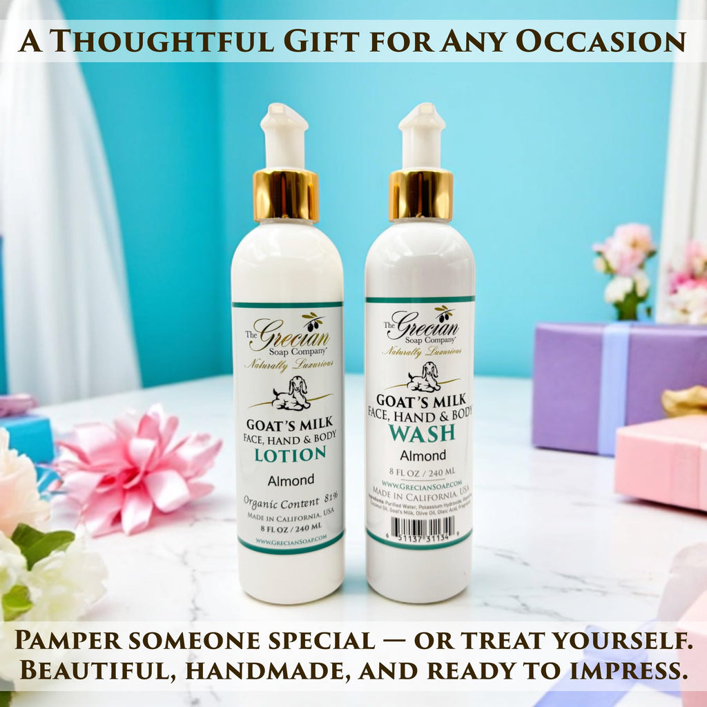 Goat Milk Lotion & Body Wash Set – Almond Scent, 8oz Each | The Grecian Soap Company
