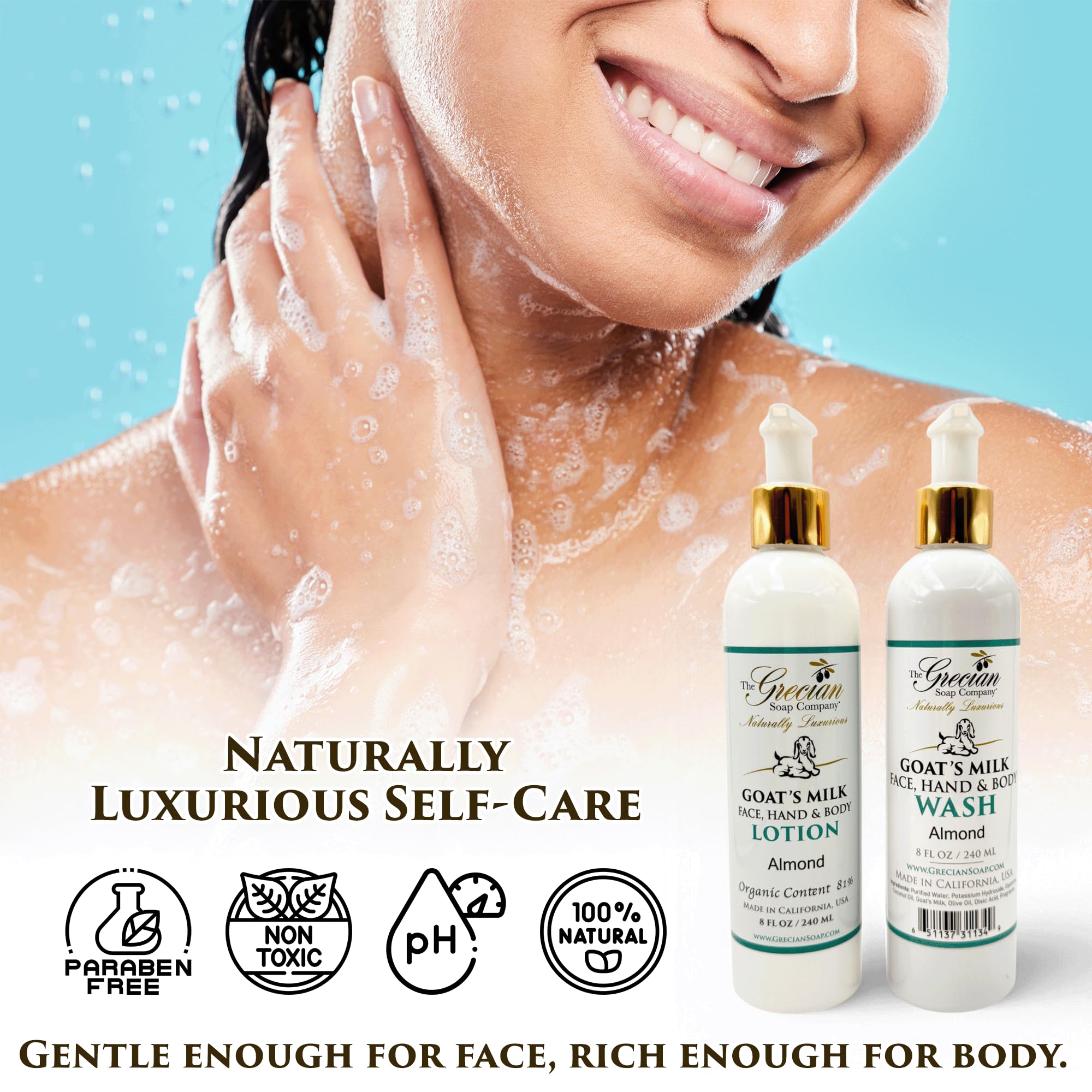Goat Milk Lotion & Body Wash Set – Almond Scent, 8oz Each | The Grecian Soap Company