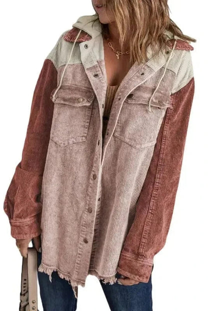 Color Block Hooded Corduroy Jacket Women UK