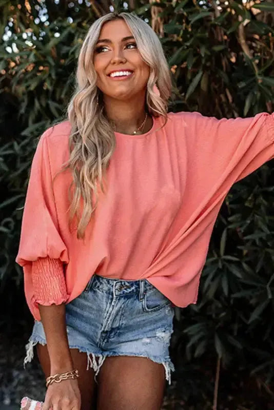 Smocked Wrist Top Long Sleeve Shift Loose Fit
