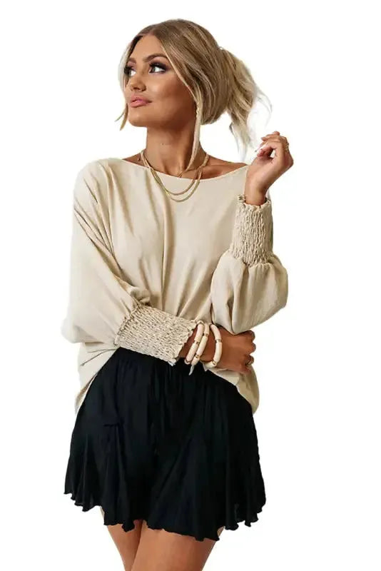 Smocked Wrist Top Long Sleeve Shift Loose Fit