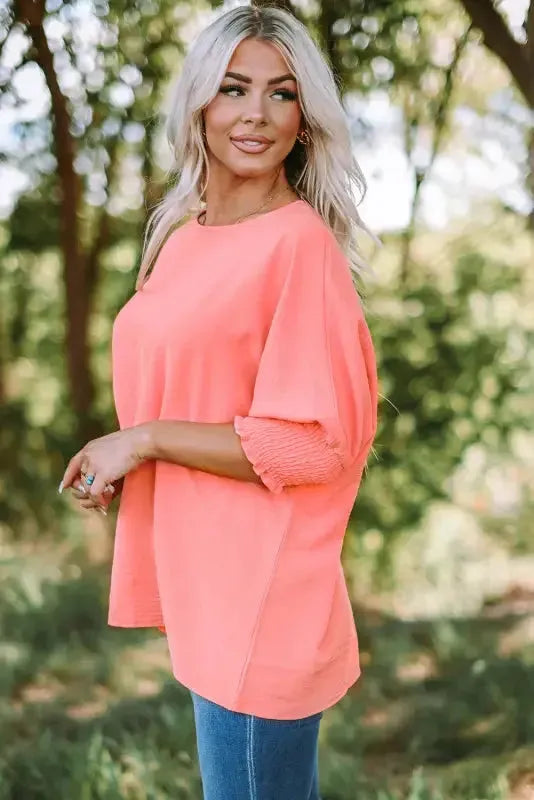 Smocked Wrist Top Long Sleeve Shift Loose Fit