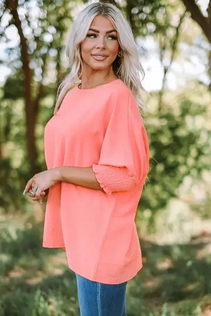 Smocked Wrist Top Long Sleeve Shift Loose Fit