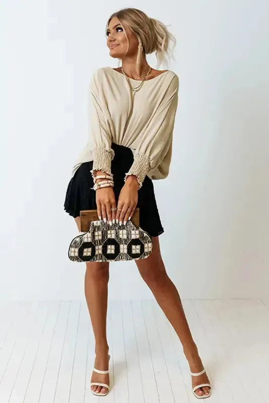 Smocked Wrist Top Long Sleeve Shift Loose Fit