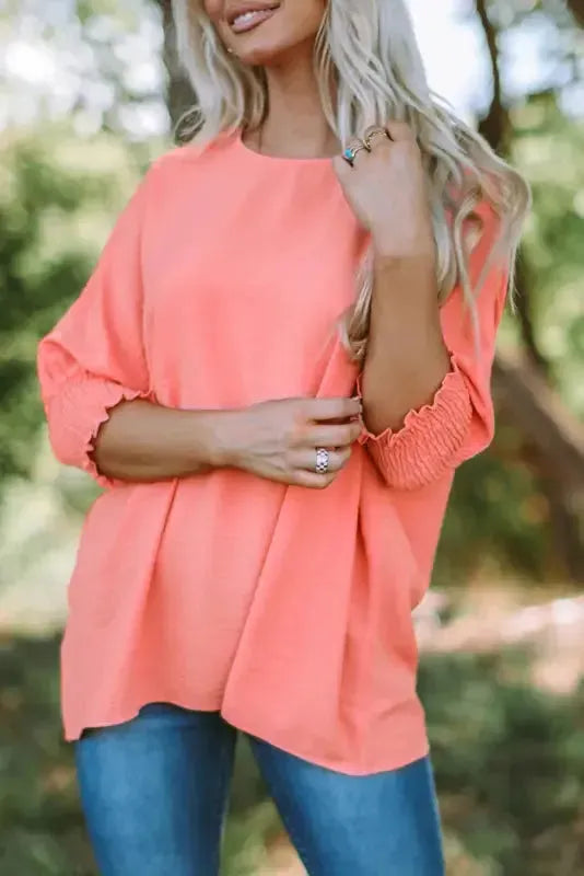 Smocked Wrist Top Long Sleeve Shift Loose Fit