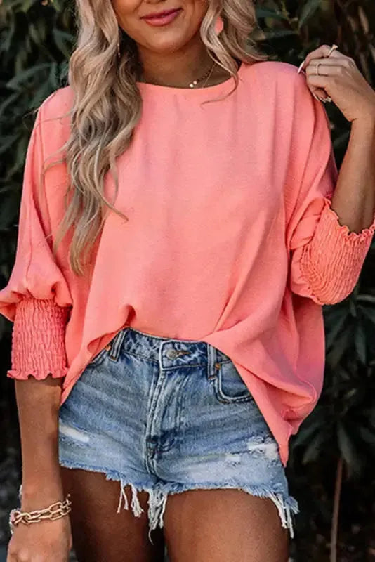 Smocked Wrist Top Long Sleeve Shift Loose Fit