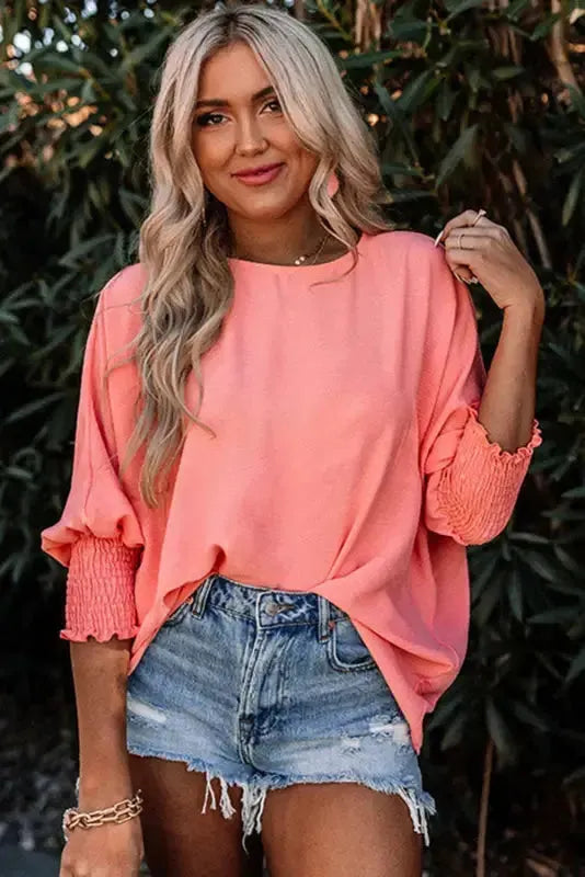 Smocked Wrist Top Long Sleeve Shift Loose Fit