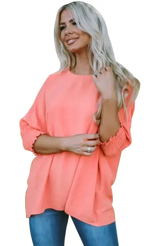 Smocked Wrist Top Long Sleeve Shift Loose Fit