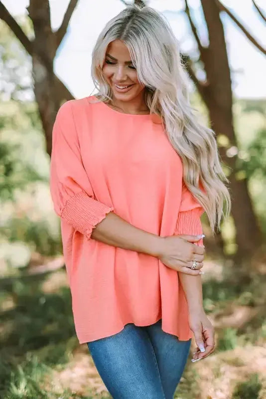 Smocked Wrist Top Long Sleeve Shift Loose Fit