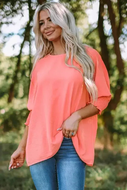 Smocked Wrist Top Long Sleeve Shift Loose Fit