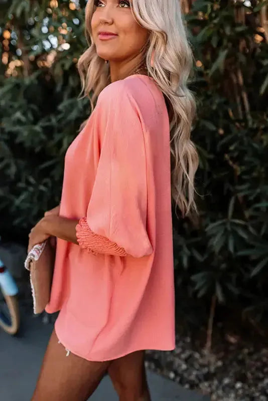 Smocked Wrist Top Long Sleeve Shift Loose Fit