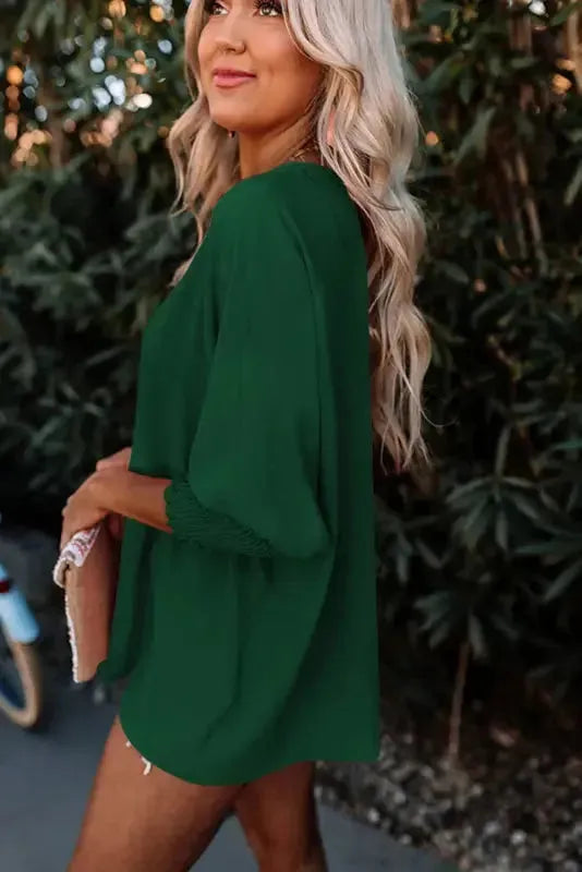Smocked Wrist Top Long Sleeve Shift Loose Fit