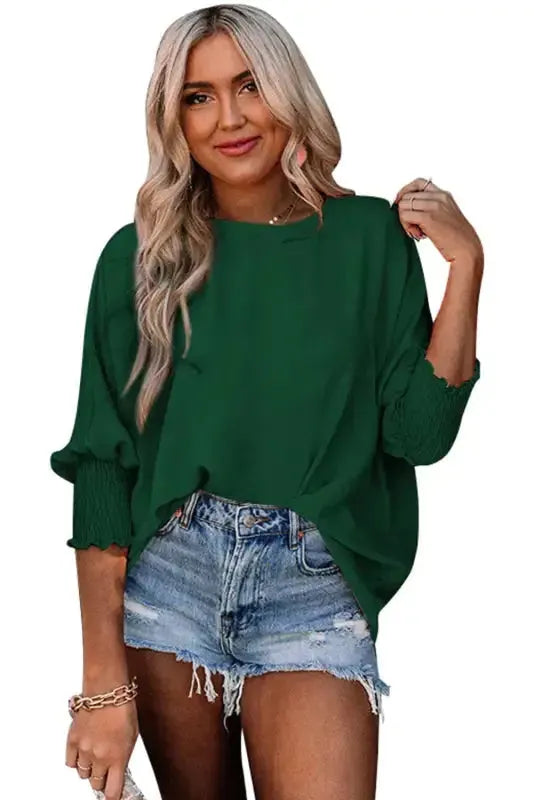 Smocked Wrist Top Long Sleeve Shift Loose Fit