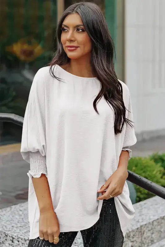 Smocked Wrist Top Long Sleeve Shift Loose Fit