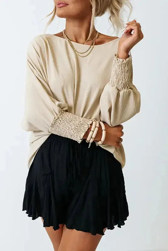 Smocked Wrist Top Long Sleeve Shift Loose Fit