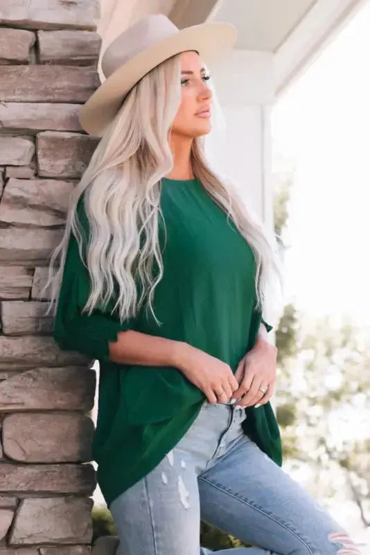 Smocked Wrist Top Long Sleeve Shift Loose Fit