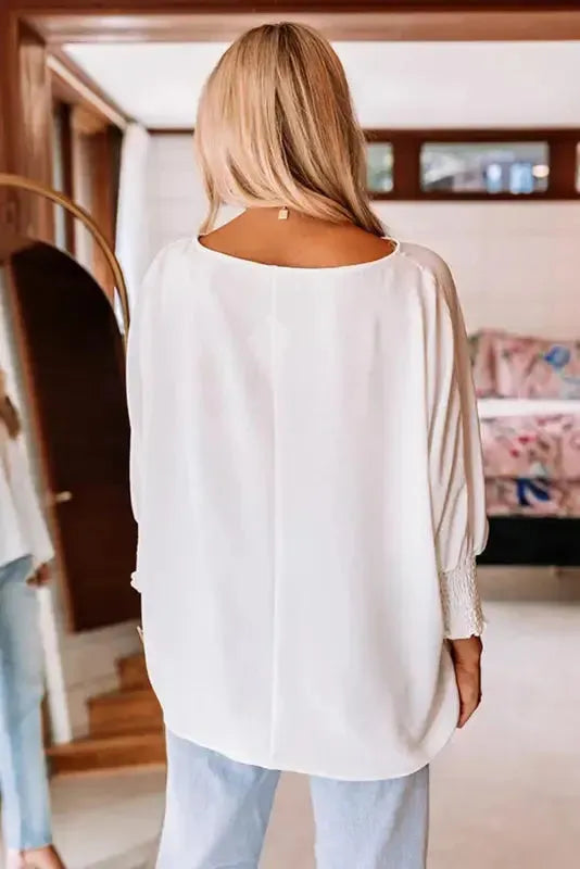 Smocked Wrist Top Long Sleeve Shift Loose Fit